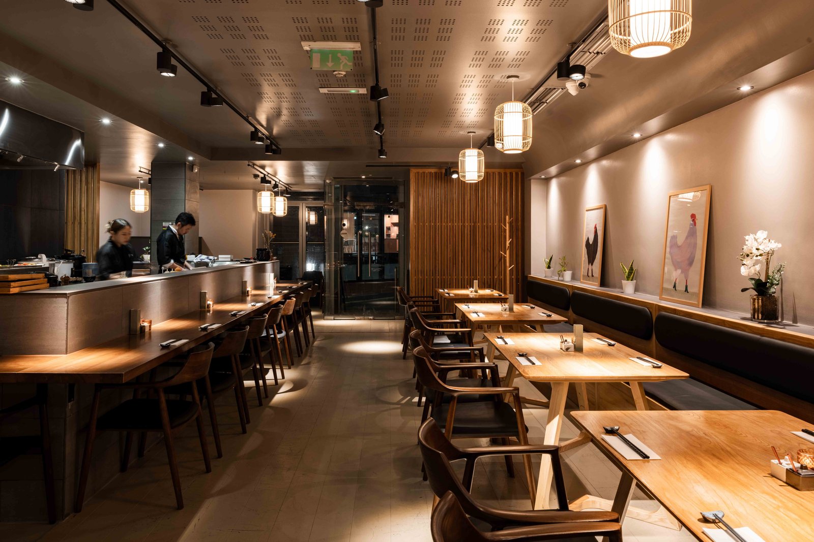 The dining room at Hotori, with the chefs at work behind the counter